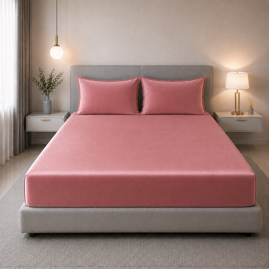 Velvet Solid Winter Bedsheet for Double Bed King Size with 2 Pillow Covers