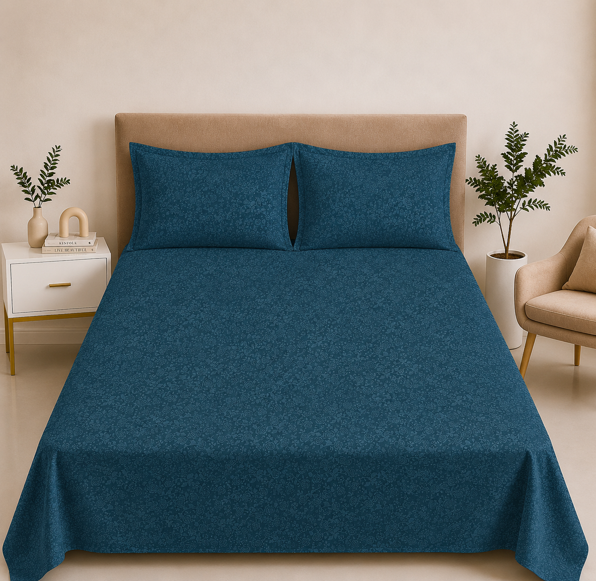 Premium Embossed Dark Blue Bedsheet with 2 Pillow Covers