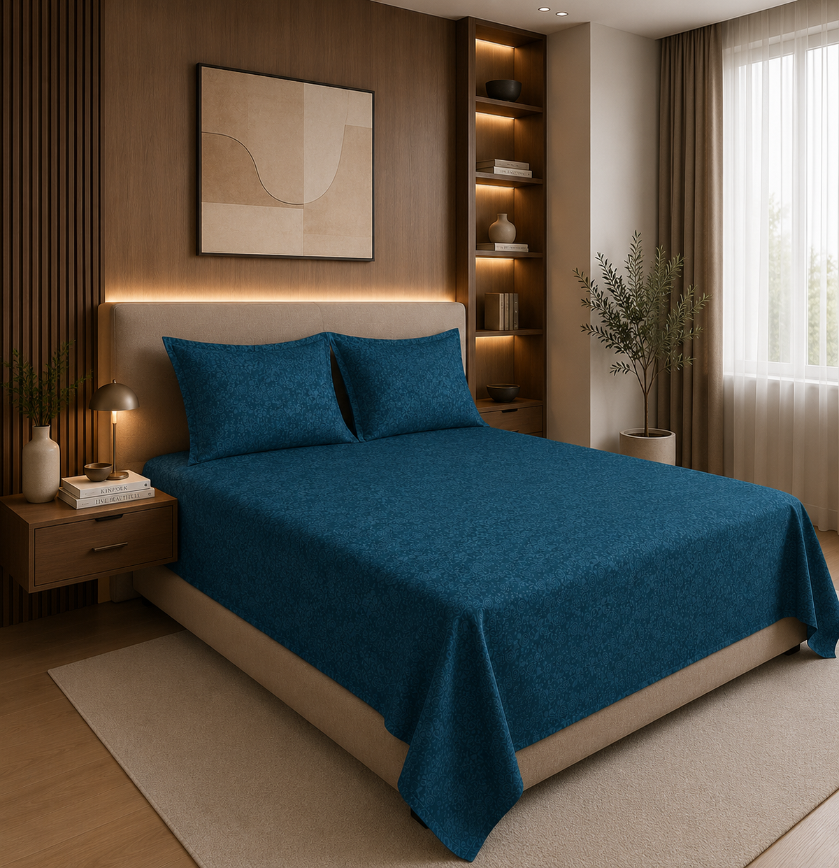 Premium Embossed Dark Blue Bedsheet with 2 Pillow Covers
