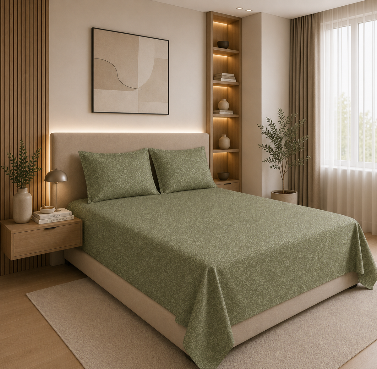Premium Embossed Light Green Bedsheet with 2 Pillow Covers