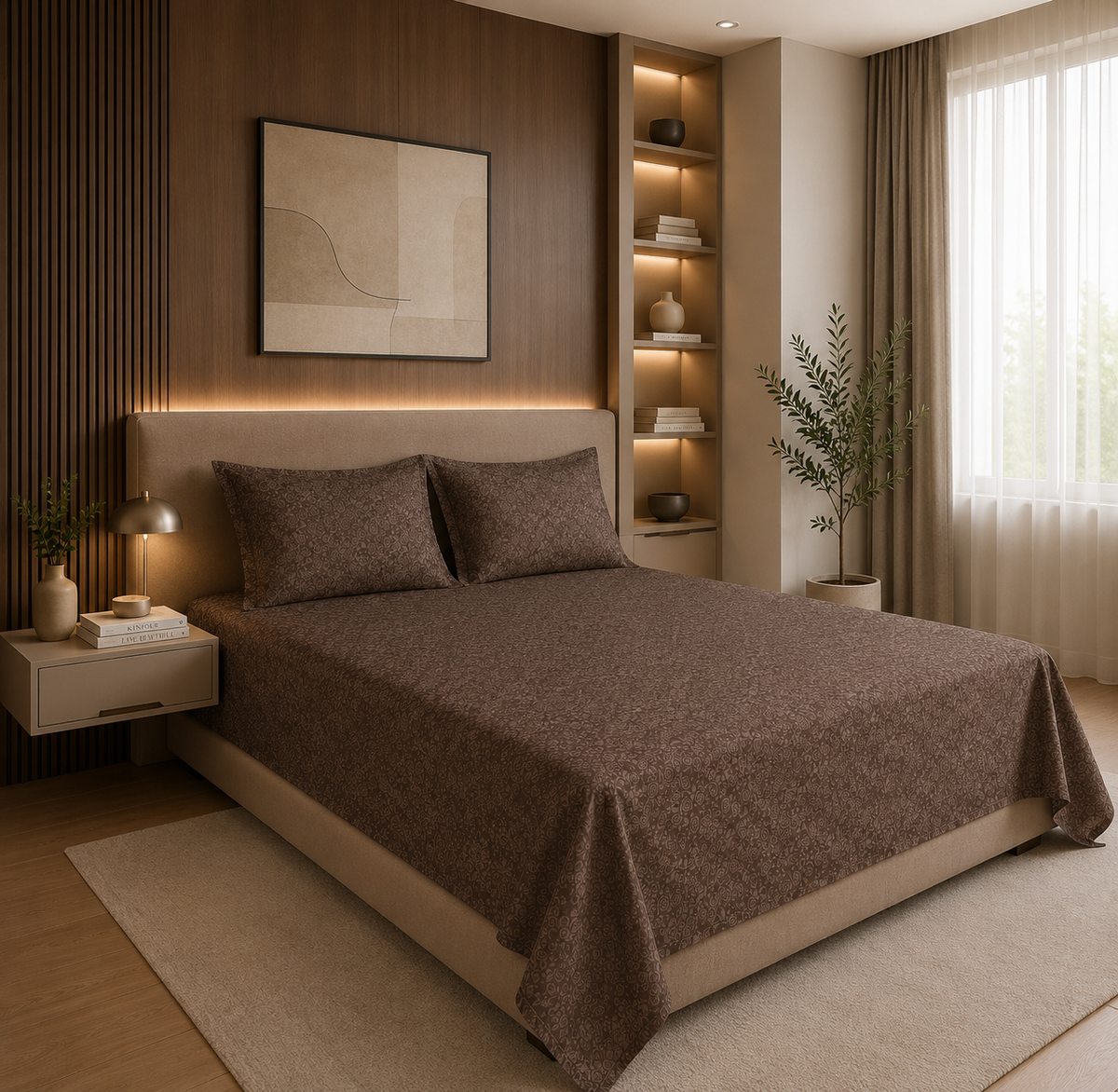 Premium Embossed Light Brown Bedsheet with 2 Pillow Covers